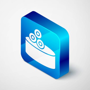 Gri arkaplanda izole havyar ikonu olan Isometric Teneke Kutusu. Mavi kare düğme. Vektör..