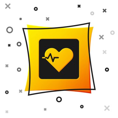 Siyah Kalp hızı simgesi beyaz arkaplanda izole edildi. Kalp atışı işareti. Kalp atışı ikonu. Kardiyogram simgesi. Sarı kare düğme. Vektör.