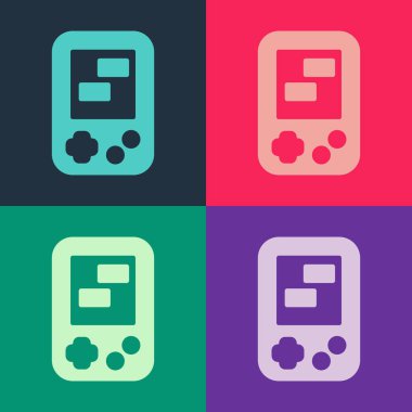 Pop Art Portable tetris elektronik oyun ikonu renk arkaplanında izole edildi. Klasik bir cep tuğlası oyunu. Etkileşimli oyun aygıtı. Vektör.