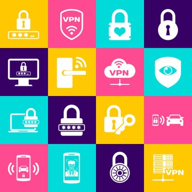 Server VPN Smart araba alarm sistemini kalp dijital kapı kablosuz ve Monitör şifre simgesine göre ayarla. Vektör.