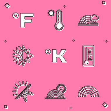 Fahrenheit Meteoroloji termometre gökkuşağını bulut güneşi, kar tanesi Kelvin ve güneş ikonu ile ayarla. Vektör.