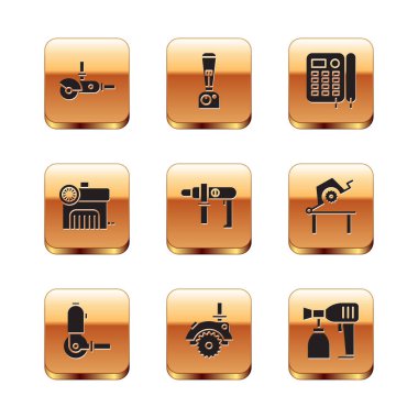 Açı öğütücü elektrikli testere matkap, hava kompresörü ve telefon ikonu ayarla. Vektör.