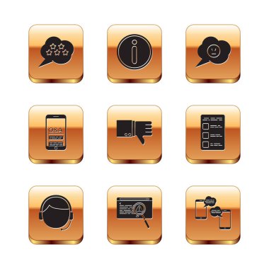 Beş yıldızlı değerlendirmeci, kulaklık sistemi hata kavramına sahip Mobil Soru ve Ünlem 'den hoşlanmayan öfkeli gülümseme sohbet mesajları ve bilgi simgesi. Vektör.