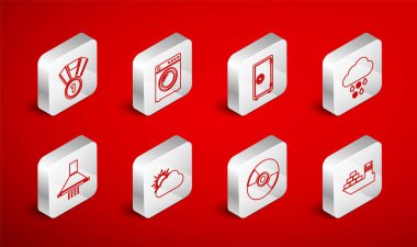 Kargo gemisi Yıkama Güvenli Bulut 'u kar ve yağmur CD' si ya da DVD disk Madalyası Madalya Güneş Bulutu hava durumu ve Mutfak sökücü fan ikonu ile ayarlayın. Vektör.