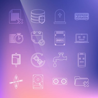 Satır Sil dizinini Takvim işaretli Stopwatch dosya belgesi ve SSD kart simgesi ile birlikte Ölü mobil laptop Tombstone olarak ayarla. Vektör.