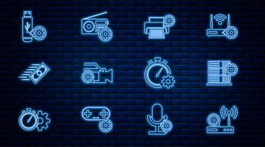 Hat Yönlendirici ve Wi-Fi ayarı Sunucu Yazıcı Video Kamerası Hızlı USB flash disk zaman yönetimi ve Radyo simgesi ödemeleri. Vektör.