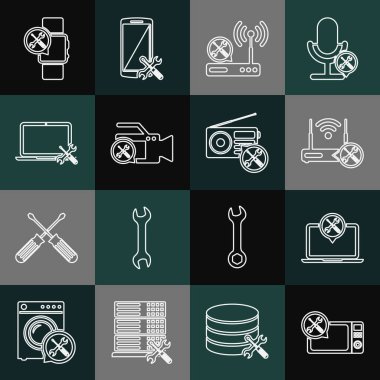 Mikrodalga fırın hizmeti dizüstü bilgisayarı wi-fi ile akıllı kamera ve radyo ikonunu ayarla. Vektör.