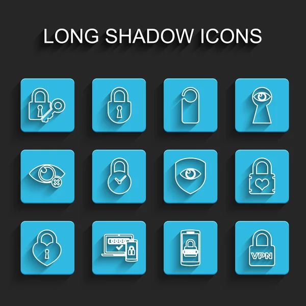 设置线城堡的心形两步认证锁和密钥移动密码Vpn帕德洛克与时钟和盾牌眼图标 — 图库矢量图片