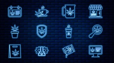 İnternetten, marihuana büyüteç ve fincan çay alan, Shield Marihuana bitkisi kahve ve ikonu alan bir şirket. Vektör.