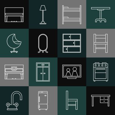 Ofis masası fırın ranzası büyük boy ayna koltuğu büyük piyano ve raf simgesi. Vektör.