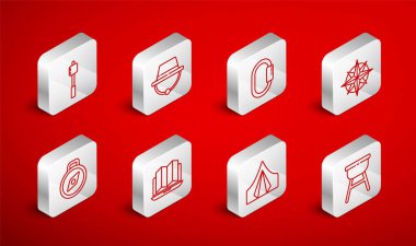 Barbekü ızgara kampı şapkası Karabinalı Rüzgar, orman dizüstü bilgisayarının ve pusula ikonunun lokasyonuna turist çadırı şekerlemesi koydu. Vektör.