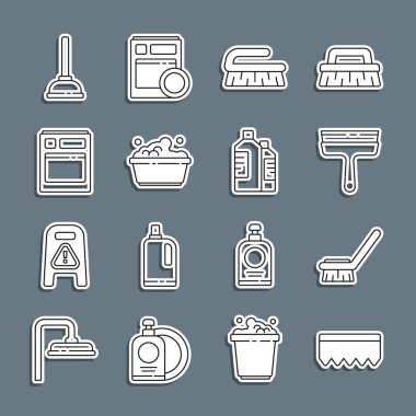 Plastik havza sabun köpüğü sabunu, bulaşık makinesi pompası ve şişe ikonu temizlemek için köpüklü sünger kullan. Vektör.