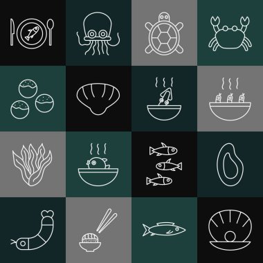 Kabuğu inci midye çorbası karides kaplumbağa kabuğu deniz kabuğu Takoyaki tabakta balık ve ahtapot ikonu ile ayarla. Vektör.