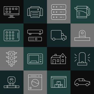 Car Flasher sireni güvenlik kamerası sunucusu Veri Web sunucusu Multimedya ve TV kutusu grafiksel tablet akıllı televizyon ve teslimat kamyonu ikonu. Vektör.