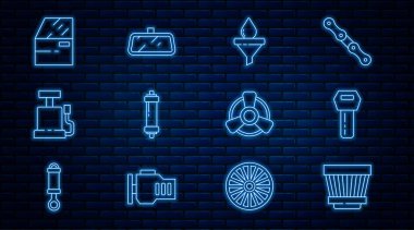 Otomobil hava filtresi anahtarını uzaktan kumandalı huni ve yağ damlası emme pompası kapı vantilatörü ve ayna ikonu ile ayarla. Vektör.