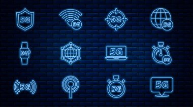 Satır Konumu 5G ağ Dijital hız ölçer Sosyal Akıllı saat Koruyucu Kalkan Laptop ve simgesi ile ayarlayın. Vektör.