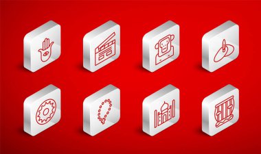 Çizgi Enstrüman tablası Bollywood Hint sineması Maymun başlıklı türban Taj Mahal Hamsa tespih duası din ve çakra ikonu. Vektör.