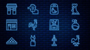 Horoz rüzgar gülü parfümlü kruvasan paketi Fransız horoz kahve dükkanı Triumphal kemer çantası ve kaniş köpek ikonu. Vektör.