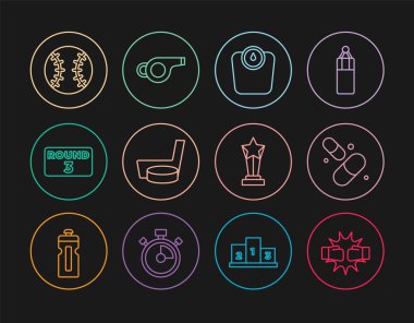 Boks eldivenlerinde çizgi yumruğu hazırla. Vitamin hapı. Banyo, buz hokeyi sopası. Vektör.