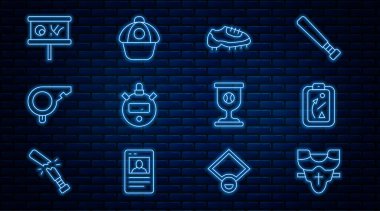 Çizgi oyuncusu göğüs koruyucusu planlama stratejisi Beyzbol botu Stopwatch Whistle ödüllü beysbol ve şapka ikonu. Vektör.