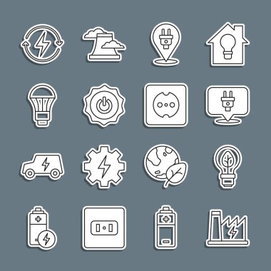 Nükleer enerji santrali ampulünü yaprak, elektrik prizi, LED ışık şarj ve elektrik çıkış ikonu ile ayarla. Vektör.