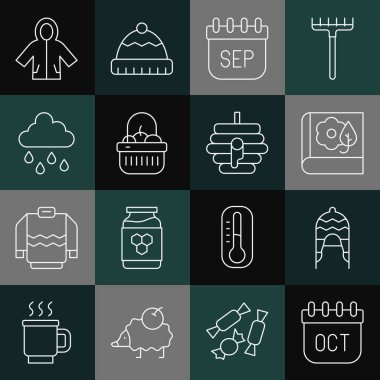 Ekim ayının sonbahar takvimine göre Herbaryum Eylül Sepeti ve yağmur yağışlı Bulut ve arı kovanı ikonu. Vektör.