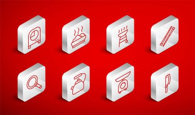 Et kasesi, ızgara ızgara yemek çubukları, ızgara yemek çubuğu, mutfak zamanlayıcısı, saplı ve tava ikonlu. Vektör.