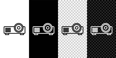 Çizgi Sunumu, Film, Film, Medya Projektörü simgesi siyah beyaz arkaplanda izole edildi. Vektör.