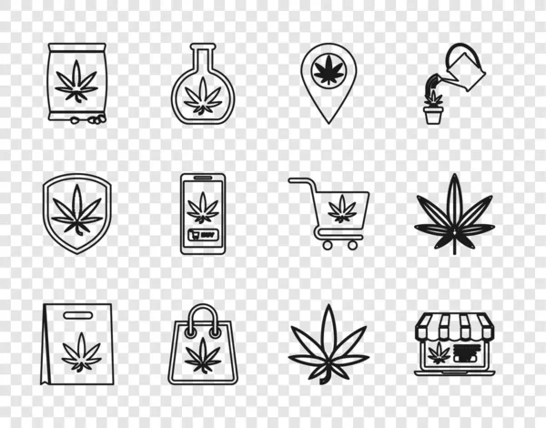 设置系列网上购买大麻购物袋位置和大麻或大麻籽叶子及图标 — 图库矢量图片
