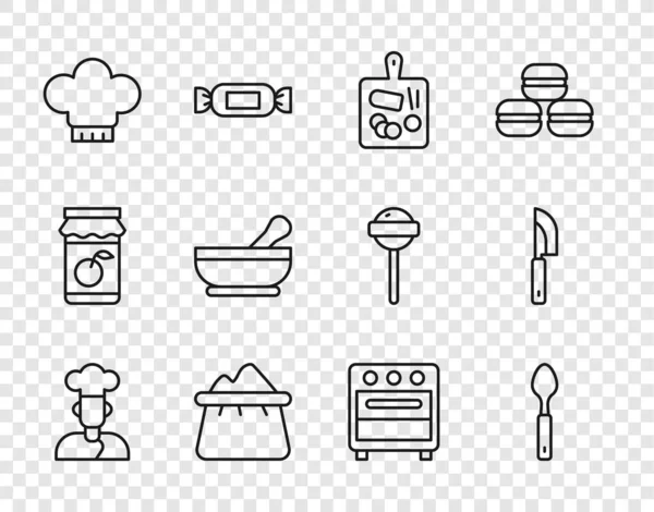 Állítsa Vonal Cook Spoon Vágódeszka Zsák Liszt Chef Kalap Mortar — Stock Vector