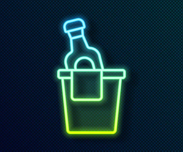 Žhnoucí Neonová Čára Láhev Šampaňského Ikoně Kbelíku Led Izolované Černém — Stockový vektor