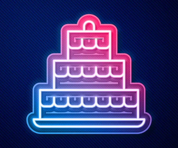 ネオンラインケーキを焼きキャンドルアイコンで青の背景に隔離されています 誕生日おめでとう ベクトル — ストックベクタ