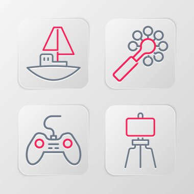 Ahşap sehpa sehpası, çıngıraklı bebek oyuncağı ve oyuncak tekne ikonu. Vektör.