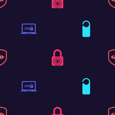 Lütfen rahatsız etmeyin, şifreli dizüstü bilgisayar, güvenli kilit tekerleği, kalkanı ve gözü kusursuz desenli olsun. Vektör.