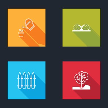Sulama kovası, otomatik sulama fıskiyeleri, bahçe çitleri ve ağaç dikme ikonu. Vektör.