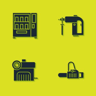 Otomat, elektrikli testere, hava kompresörü ve döner çekiç matkabı ikonu. Vektör.