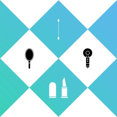 El aynası, ruj, kulak için pamuk çubuğu ve saç kurutma ikonu. Vektör.