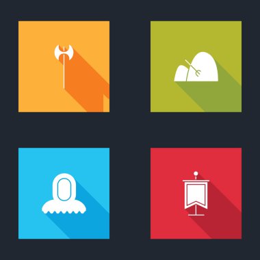 Ortaçağ baltası, saman ve tırmık, kaput ve bayrak simgesi. Vektör.