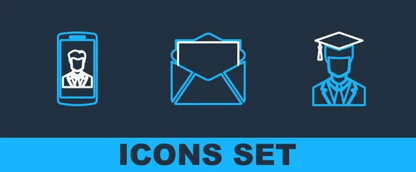 Set Line Afgestudeerd Met Afstudeerdop Smartphone Contact Mail Mail Icoon — Stockvector