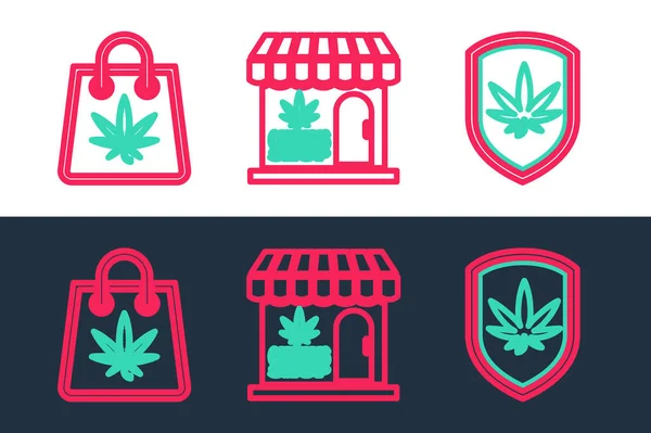 设置线盾和大麻购物袋和大麻商店图标 — 图库矢量图片