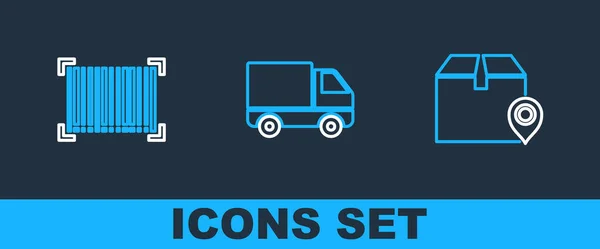Setzen Sie Linie Standort Mit Karton Barcode Und Lieferung Lastkraftwagen — Stockvektor