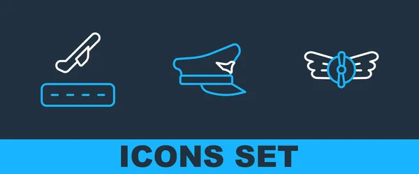Setzen Sie Linie Aviation Emblem Flugzeug Start Und Pilot Hut — Stockvektor