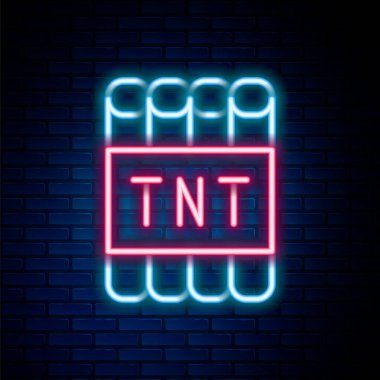 Parlayan neon hattı dinamit bomba çubuğunu ve duvar arkasında izole edilmiş zamanlayıcı ikonunu patlat. Saatli bomba - patlama tehlikesi kavramı. Renkli taslak konsepti. Vektör.