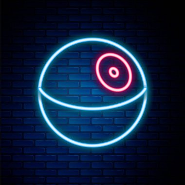 Parlayan neon hattı gezegen simgesi tuğla duvar arka planında izole edildi. Renkli taslak konsepti. Vektör.