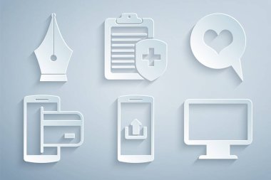 Smartphone 'u NFC Ödeme Bilgisayarı monitörü pano sağlık sigortası ve dolmakalem ucu simgesine yükle. Vektör.