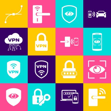 Dijital kapı kilidini kablosuz göz taraması mobil ve göz kalkanı kilidi VPN ve bulut arayüzü ikonu ile ayarla. Vektör.