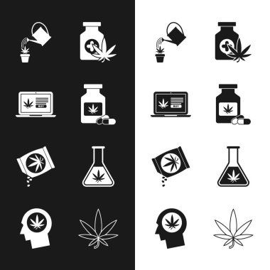 Medikal şişeyi marihuana ile çevrimiçi olarak ayarla. Su kutusu marihuana ya da esrar tohumu test tüpü yaprağı ve kafa profil ikonu al. Vektör.
