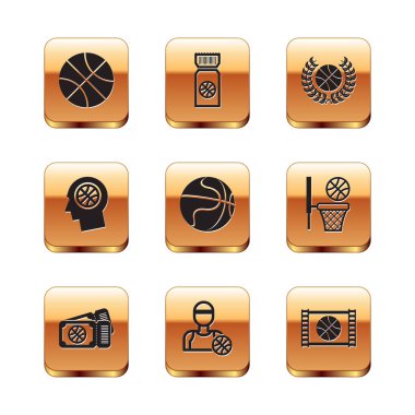 Basketbol maçı biletçisi Thoughts 'ı video ve ikon ile basketbol ödülüne ayarla. Vektör.