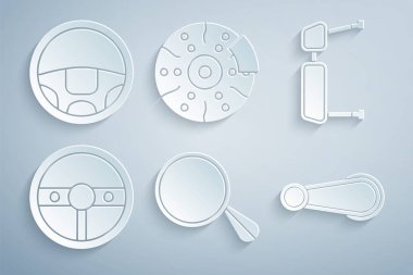 Ayna aynası, direksiyon kapısı direksiyon simidi, fren diskini kalibre ve simgeyle ayarla. Vektör.