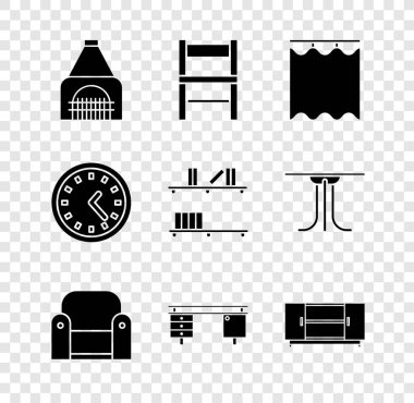 Şömine Sandalyesi Koltuğu Koltuk Masası Masa Masası Saati ve Rafı kitap simgesiyle ayarla. Vektör.